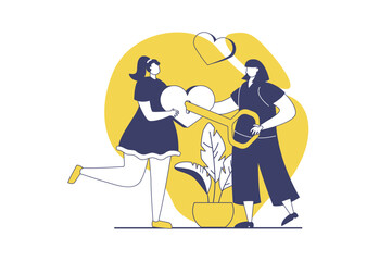 Fototapeta premium LGBTQ couple web concept with flat people for website design. Two lesbian women dating and spending romantic time together, declaration love feeling, getting happy relationship. Vector illustration.