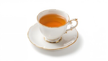 A teacup filled with tea on a matching saucer, featuring a white design with gold rim details.