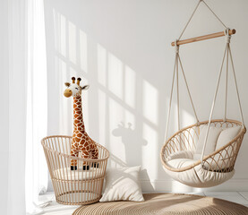 Cozy nursery corner with giraffe toy and hanging chair