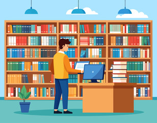 A man stands at a desk with a computer in a library filled with books, illuminated by hanging lights.