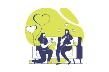 LGBTQ couple web concept with flat people for website design. Two lesbian women dating and spending romantic time together, declaration love, making proporsal with wedding ring. Vector illustration.