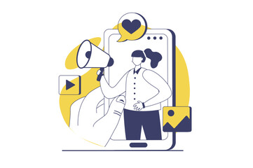 Marketing web concept with flat people for website design. Woman with megaphone announcing promo information, attracting audience online, client interacting with posts at phone. Vector illustration.