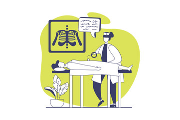 Medical clinic web concept with flat people for website design. Doctor making diagnosis with x-ray, analyzing scan, doing prescription and treatment to patient rehabilitation. Vector illustration.