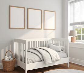 Bright nursery room with crib and blank canvases