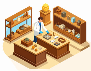 Isometric illustration of a scientist examining artifacts and geological samples in a museum or laboratory setting.