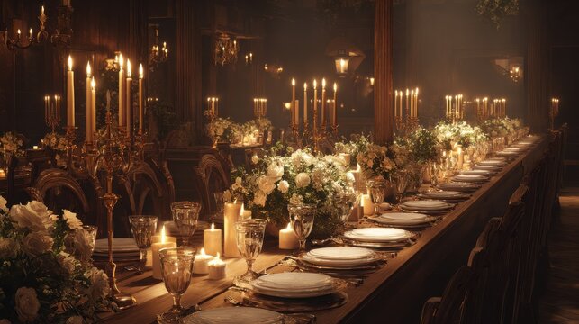 elegant candlelit dinner party in grand rustic hall long table set for formal wedding reception or holiday banquet