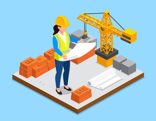 Isometric illustration of a female construction worker reviewing blueprints on a construction site with bricks, concrete blocks, and a crane.