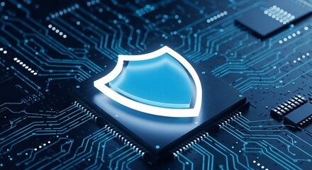 Modern cybersecurity shield protecting data on a futuristic circuit board for digital safety and trust
