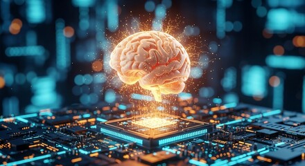 Futuristic glowing brain connected to advanced circuit board for AI and machine learning concepts