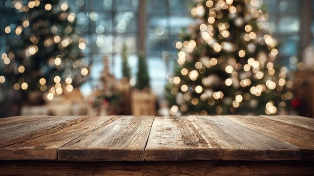 blurred xmas tree background over empty wooden table - Powered by Adobe