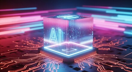 Discover futuristic technology with neon AI cube, perfect for dynamic technology and innovation concepts