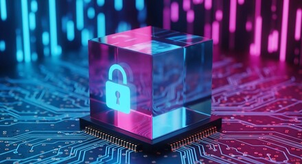Secure data transmission with advanced encryption technology on a circuit board in a modern, vibrant design