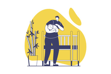 Family with newborn baby web concept with flat people for website design. Young father playing with infant child, taking care his little son, preparing kid to sleep in bedroom. Vector illustration.