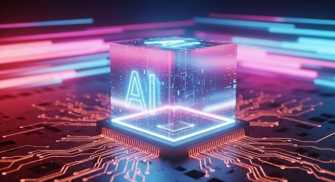 Discover futuristic technology with neon AI cube, perfect for dynamic technology and innovation concepts - Powered by Adobe