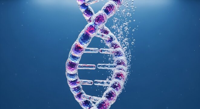 Stunning DNA double helix structure with vibrant colors and floating particles for scientific research concepts - Powered by Adobe