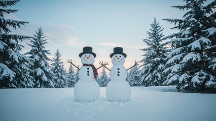 Fototapeta premium Two snowmen with hats and scarves standing among snow-covered pine trees in a winter landscape.