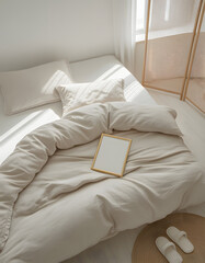 Cozy and bright bedroom with unmade bed and book