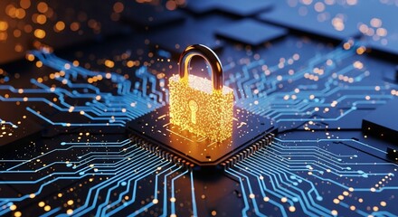 Cybersecurity protection concept shines with golden padlock on futuristic circuit board design