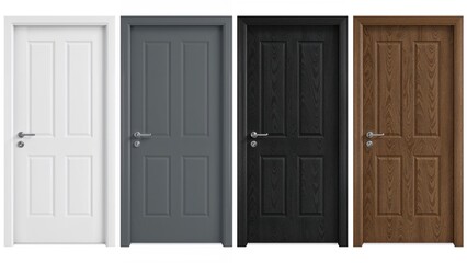 Naklejka premium A set of four interior doors in different colors: white, gray, black, and wood finish, each with a modern handle.