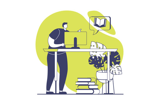 Online education web concept with flat people for website design. Man student learning at computer, reading digital books, using library services and gets information for lessons. Vector illustration.