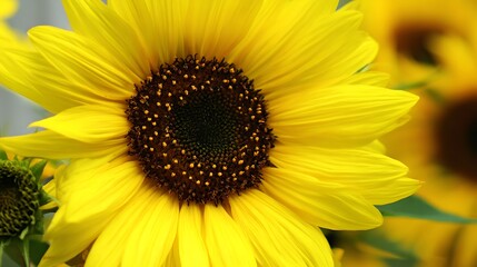 Obraz premium Vibrant sunflower in full bloom, displaying its bright yellow petals and dark brown center, capturing the beauty and warmth of summer