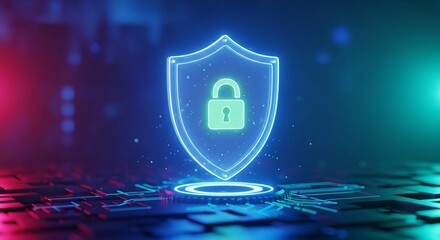 Cybersecurity shield protecting digital data with neon glow for modern technology companies and IT solutions