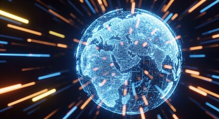 Dynamic glowing digital globe with bright light streaks symbolizing global connection and data flow
