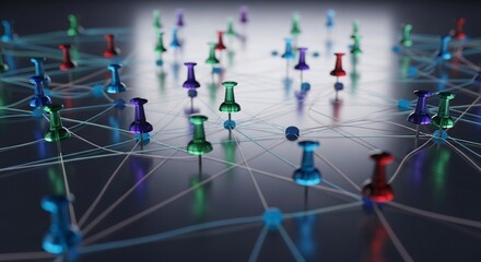 Vibrant push pins connect a complex global network illustrating communication, data, and strategy.