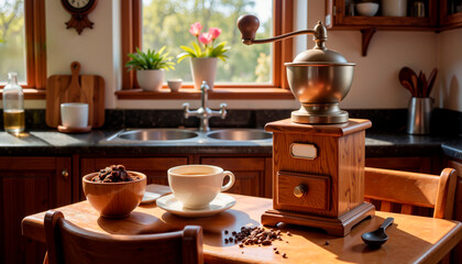 Vintage wooden coffee grinder with cup and beans on kitchen table in warm sunlight