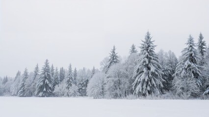 Fototapeta premium Snow-covered forest landscape with frost-encrusted trees and a white, wintry sky. Nature and winter scene. Seasonal and icy environment.