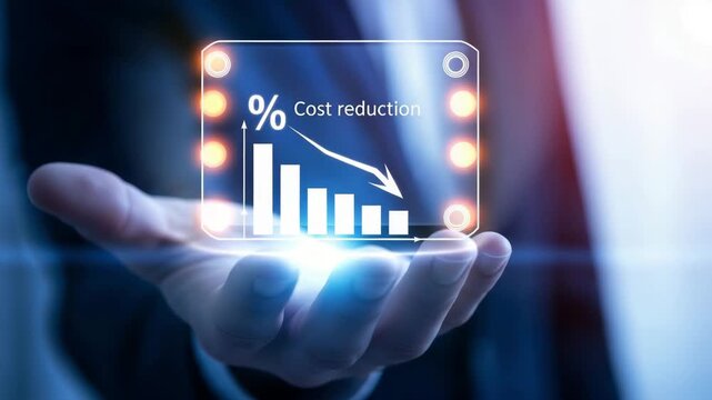 Hand holding a futuristic display showing cost reduction graph motion animated video