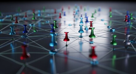 Dynamic network of colorful pins connected by luminous lines representing global connectivity and data flow