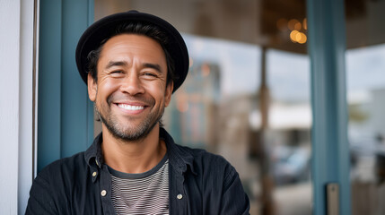 Close Up, Independent entrepreneur smiling proudly at storefront