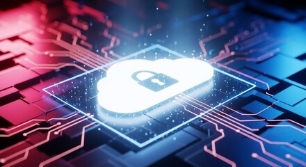 Secure digital cloud with padlock symbol illuminates over futuristic circuit board