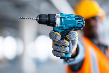 Faceless industrial worker reaching for a cordless screwdriver from a modern virtual shelf, soft depth of field and clean background, with copy space.