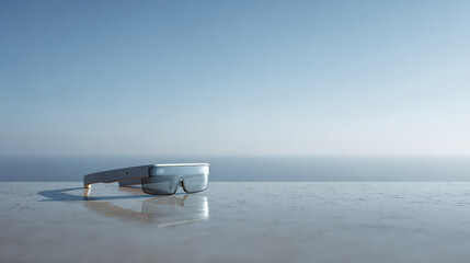 pair of futuristic glasses rests on minimalist table featuring integrated interface that reflects horizon