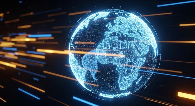 Dynamic digital globe with abstract data streams symbolizing global connectivity and futuristic technology - Powered by Adobe