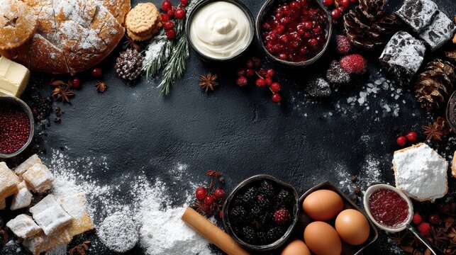 christmas food baking background top view on black background - Powered by Adobe
