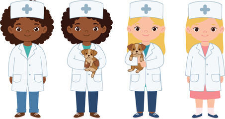 Obraz premium Cartoon veterinarians in lab coats with pets, medical cross hats, animal care team, flat vector cad drawing for education