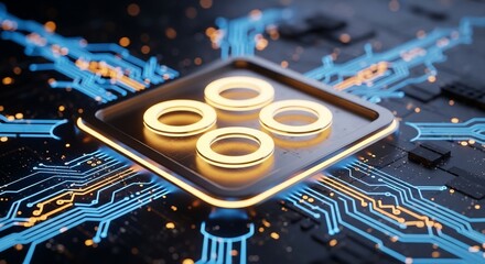 Futuristic digital circuit board with glowing neon circuits and central processor, representing advanced technology and innovation