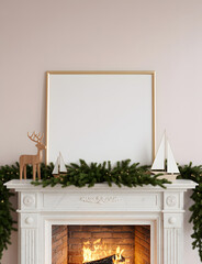 Blank frame above a decorated fireplace with christmas garland