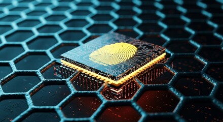 Secure digital identity with glowing fingerprint on futuristic microchip, representing cybersecurity and biometrics.