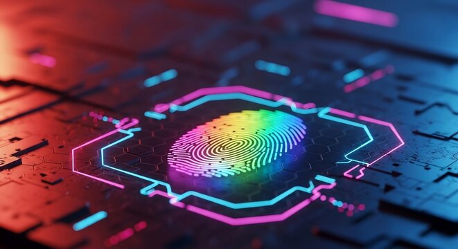 Secure your digital identity with futuristic rainbow fingerprint scanning technology glowing neon - Powered by Adobe