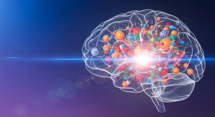 Vibrant, dynamic abstract brain with colorful particles symbolizing creativity and innovation in motion