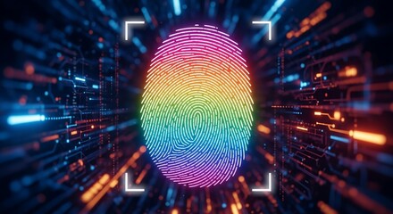 Secure digital identity with vibrant rainbow fingerprint scanning on futuristic circuit board background