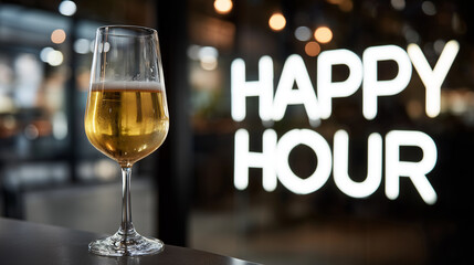 Close up, Illuminated beer glass with "HAPPY HOUR" text on black wall