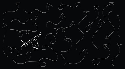 Curved white arrow set on black background, Hand-drawn swirl arrow collection, Minimal curved arrow doodle design