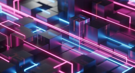 Dynamic abstract digital landscape with glowing neon pink and blue lines connecting futuristic geometric shapes