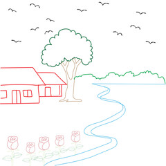 Blue sky vector cartoon city illustration with speech bubble communication concept