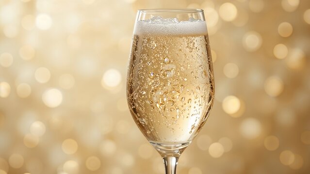 A glass of champagne or sparkling wine with bubbles, set against a blurred golden bokeh background.